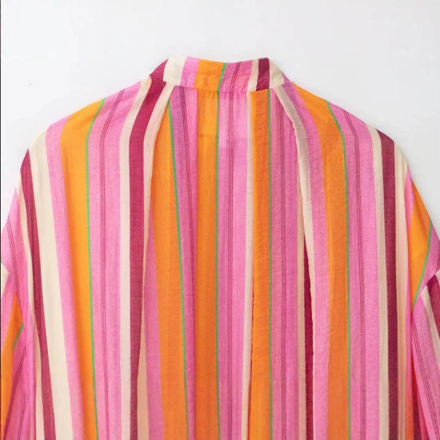 Women's Light Striped Cropped Bomber Jacket with Balloon Sleeves and Zipper Mune Fashion