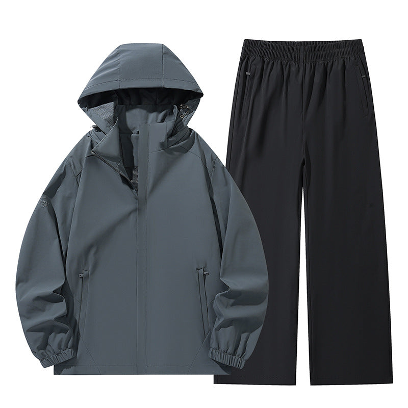 Men's Two-Piece Water-Repellent Outdoor Set with Hooded Softshell Jacket and Relaxed Leisure Pants Mune Fashion