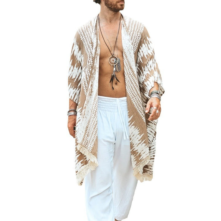 Men's Lightweight Ethno Beach Kaftan with V-Neck and Fringes Mune Fashion