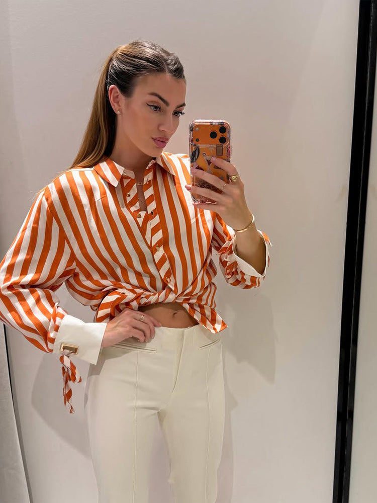 Women Striped Oversized Shirt Blouse with Contrasting Cuffs & Knot Finishes Mune Fashion