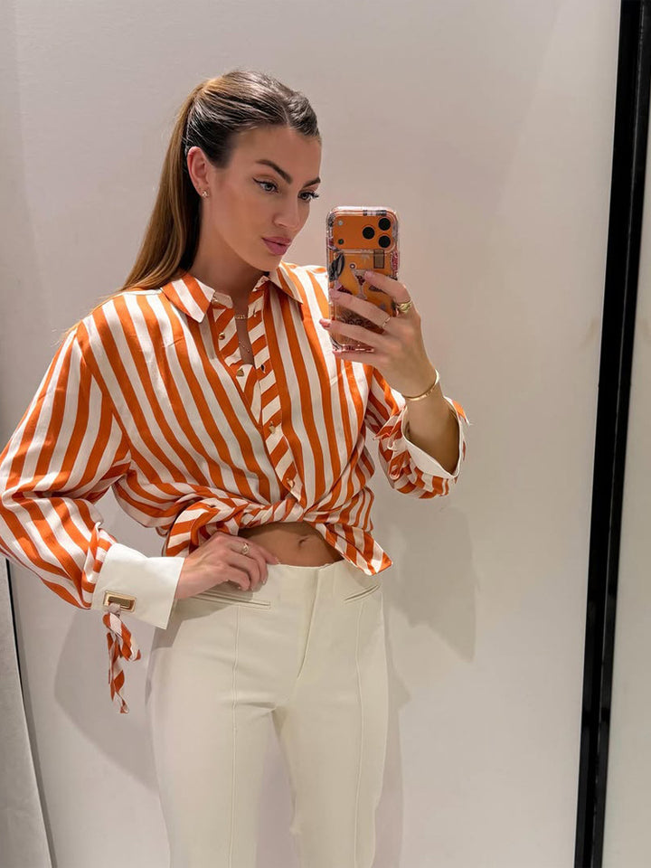 Women Striped Oversized Shirt Blouse with Contrasting Cuffs & Knot Finishes Mune Fashion