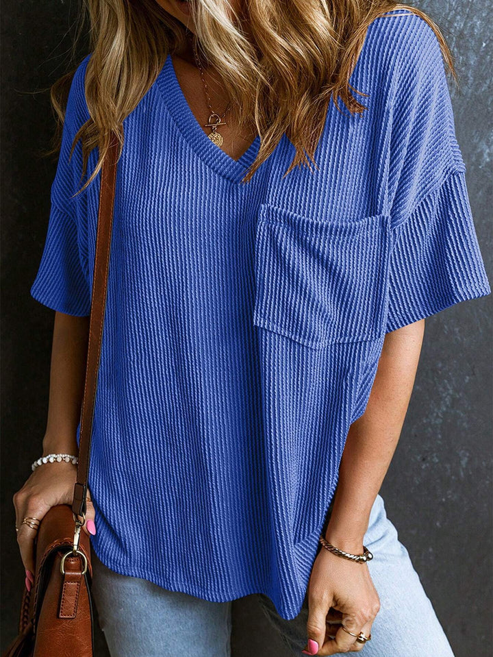 Women's Casual Ribbed Oversized T-Shirt with V-Neck and Breast Pocket Mune Fashion