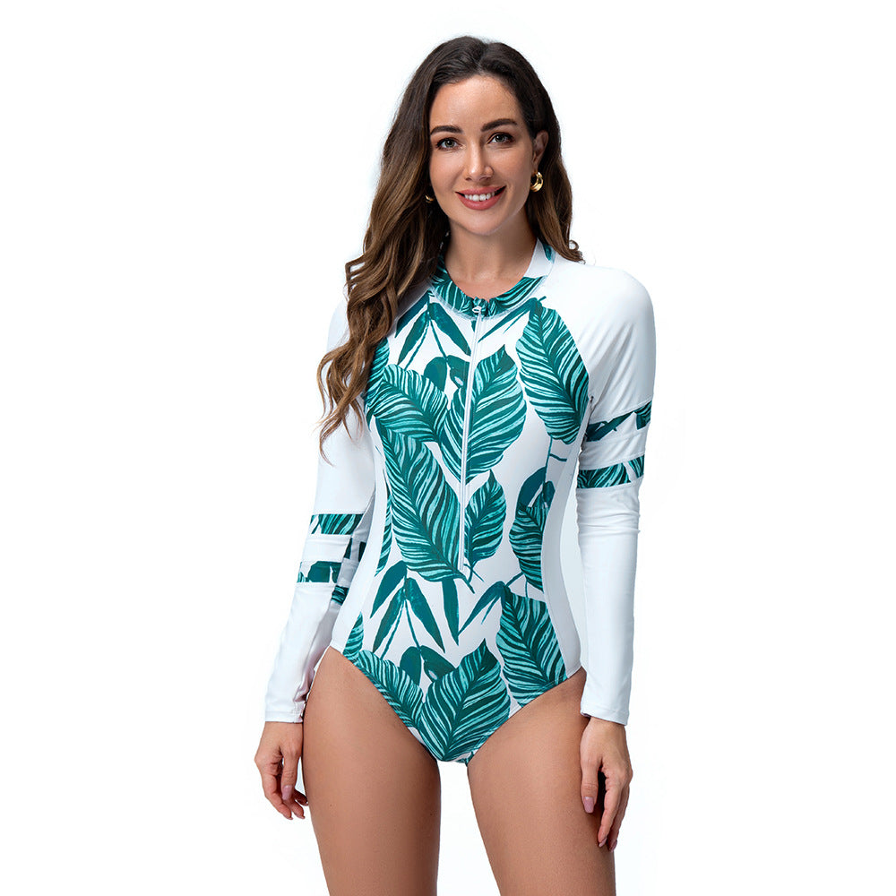 Women's Long Sleeve Swimsuit with Exotic Leaf Design Mune Fashion