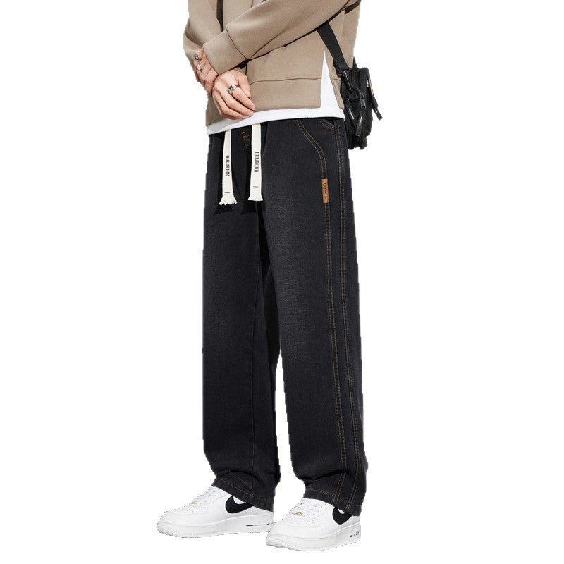 Men's Wide Denim Pants in Lounge Style with Drawstring Waist and Straight Leg Mune Fashion
