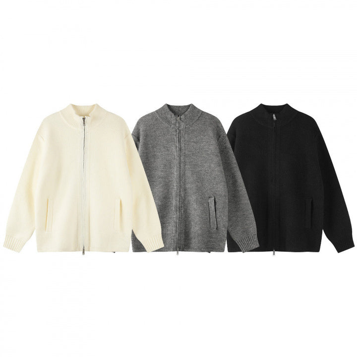 Women Oversized Knit Zip Jacket with Stand-Up Collar and Two-Way Zipper Mune Fashion