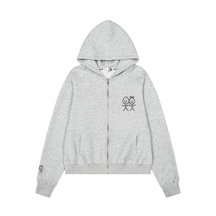 Women's hooded sweatshirt jacket with full zip lightweight French terry stick figure print and kangaroo pockets Mune Fashion