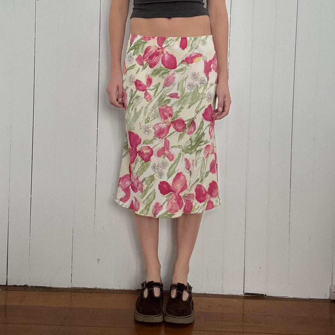 Women's flared midi skirt with floral watercolor print and high waist Mune Fashion