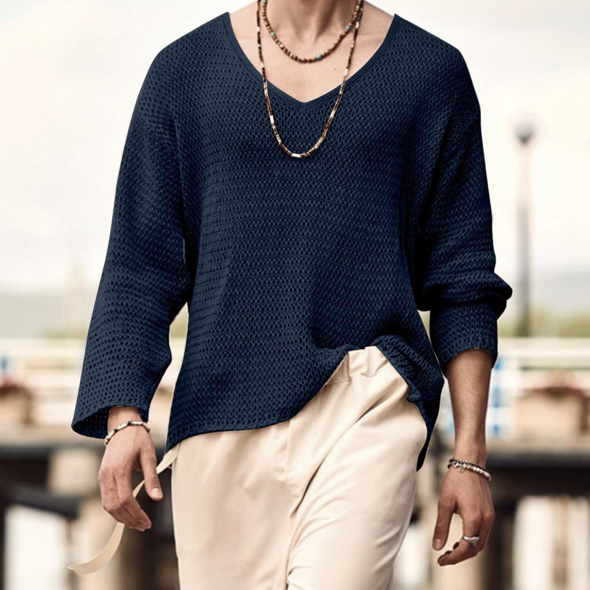 Men's structured waffle knit long sleeve shirt with V-neck and warming thermoeffect Mune Fashion