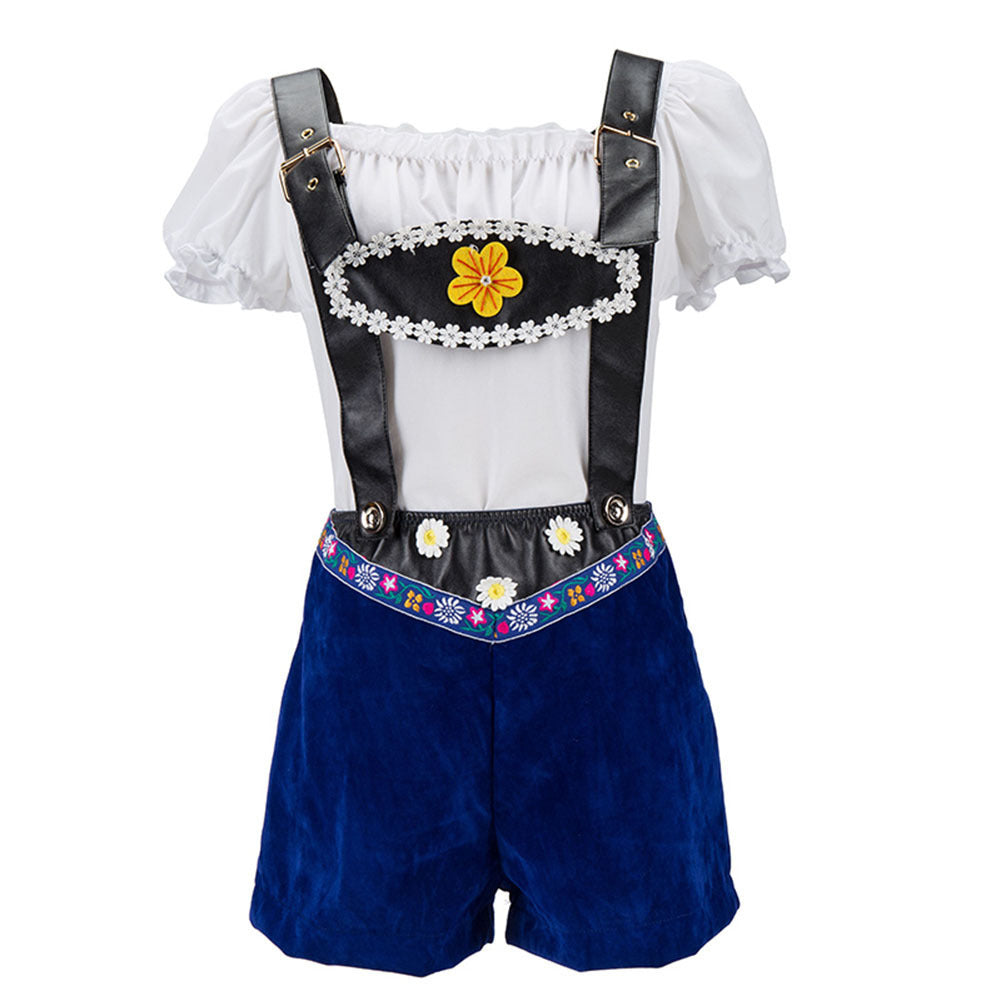 Ladies playful overall shorts set with Carmen blouse, adjustable straps and floral application Mune Fashion