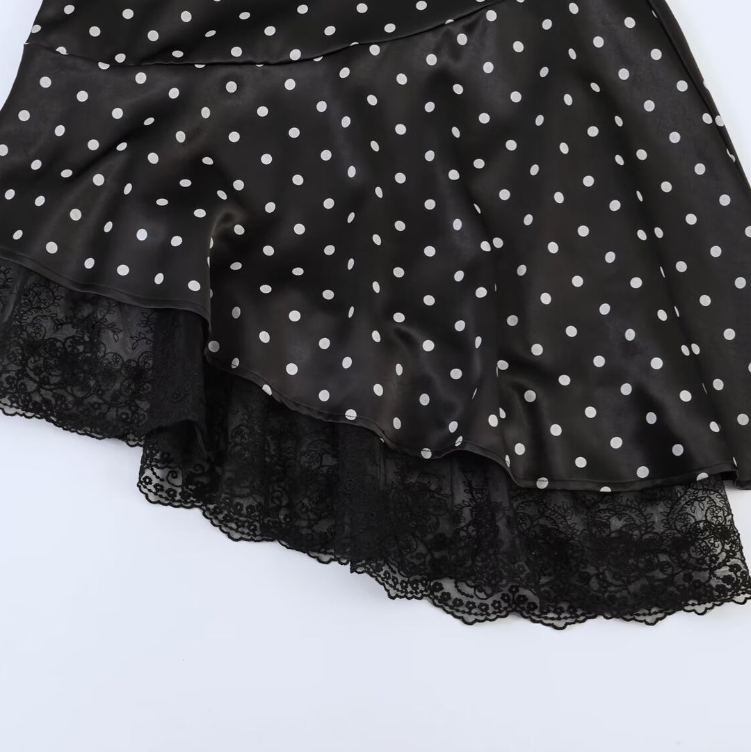 Women's Asymmetric Tiered Skirt with Ruffles, Dots, and Lace Trim Mune Fashion
