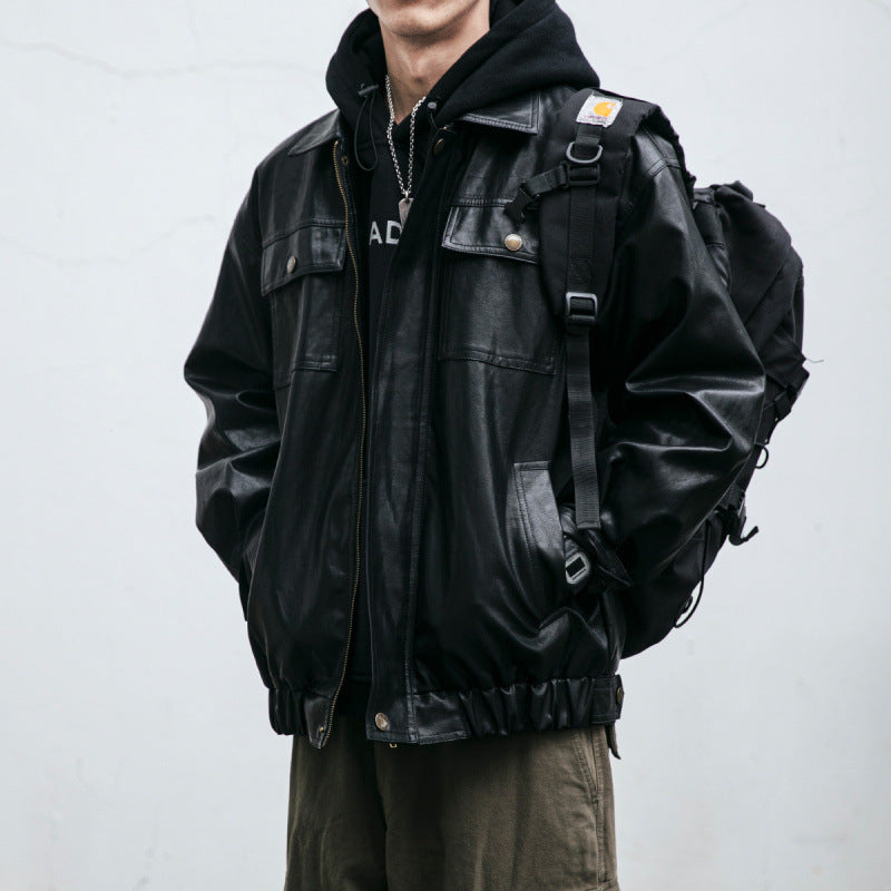 Men's Oversized Leather Look Utility Jacket with Flap Pockets and Elastic Hem Mune Fashion