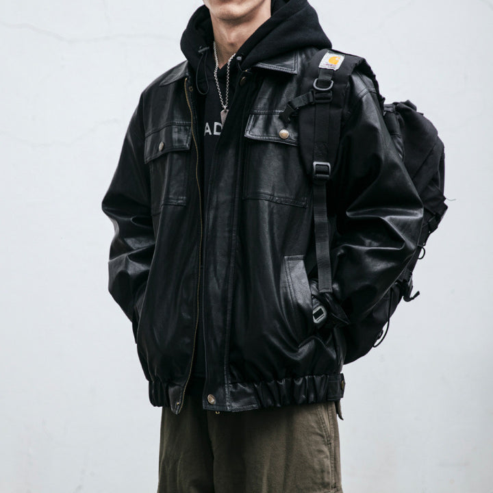 Men's Oversized Leather Look Utility Jacket with Flap Pockets and Elastic Hem Mune Fashion