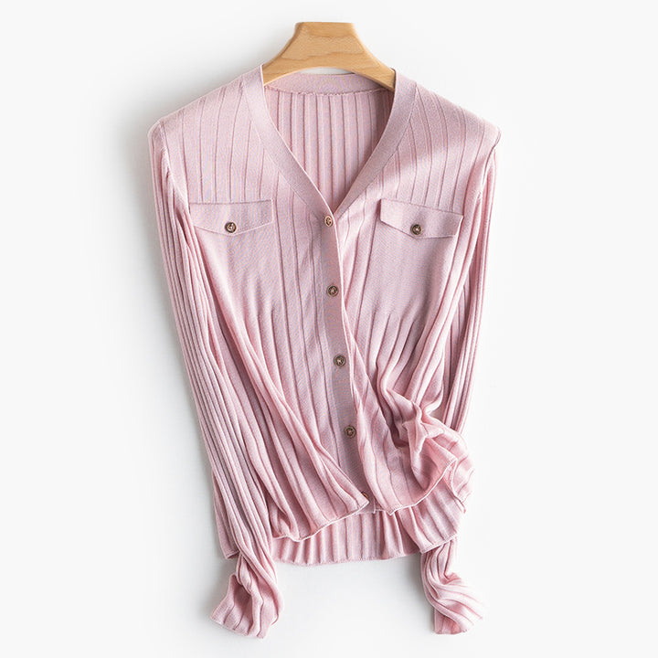 Women Fine Ribbed Button Cardigan with V-Neck and Chest Pockets Mune Fashion