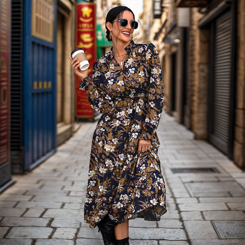 Women's Flowing Floral Midi Dress with V-Neck, Smocked Waistband, and Tiered Skirt Mune Fashion