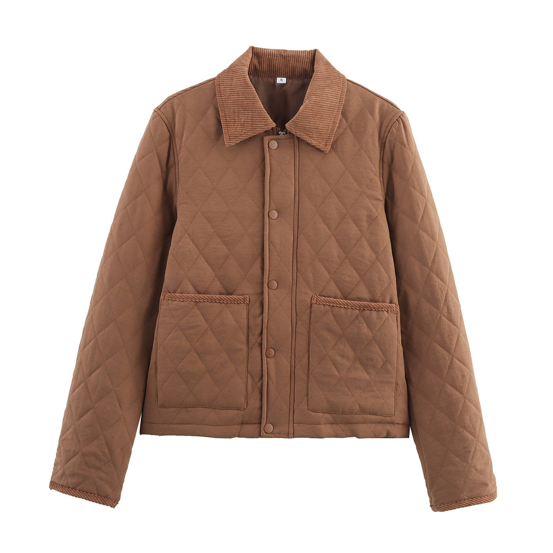 Women's quilted short jacket with cord collar, snap button placket and patch pockets Mune Fashion