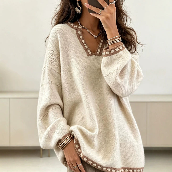 Women's Oversize V-Neck Knit Sweater with Contrasting Dot Border and Balloon Sleeves Mune Fashion