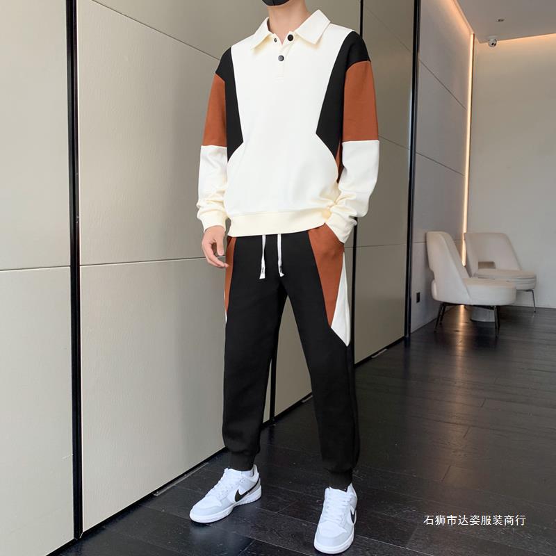 Men's Two-Piece Colorblock Tracksuit with Polo Collar & Tapered Jogging Pants Mune Fashion