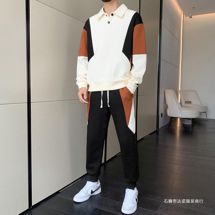 Men's Two-Piece Colorblock Tracksuit with Polo Collar & Tapered Jogging Pants Mune Fashion