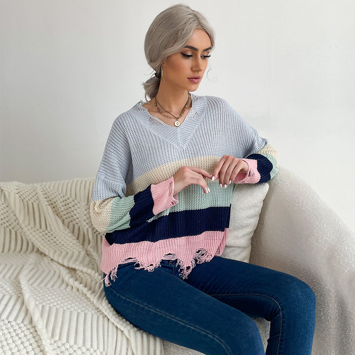 Women's Oversize V-Neck Knitted Sweater with Striped Design and Frayed Hem Mune Fashion