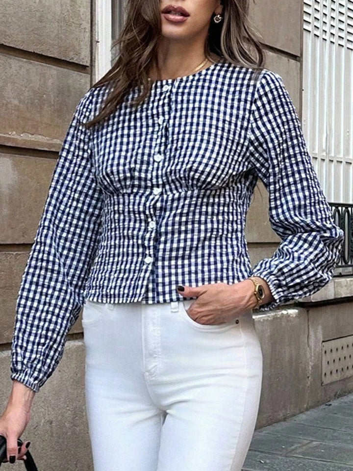 Women's checked blouse top with fitted smocked silhouette and button placket Mune Fashion