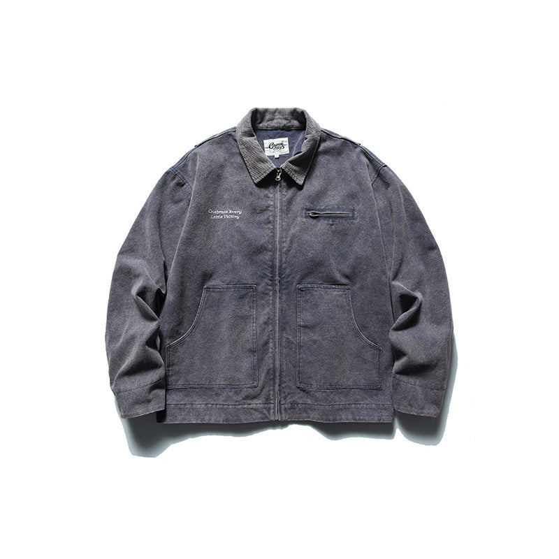 Men's Boxy Worker Jacket made of washed canvas with cord collar and zipper Mune Fashion