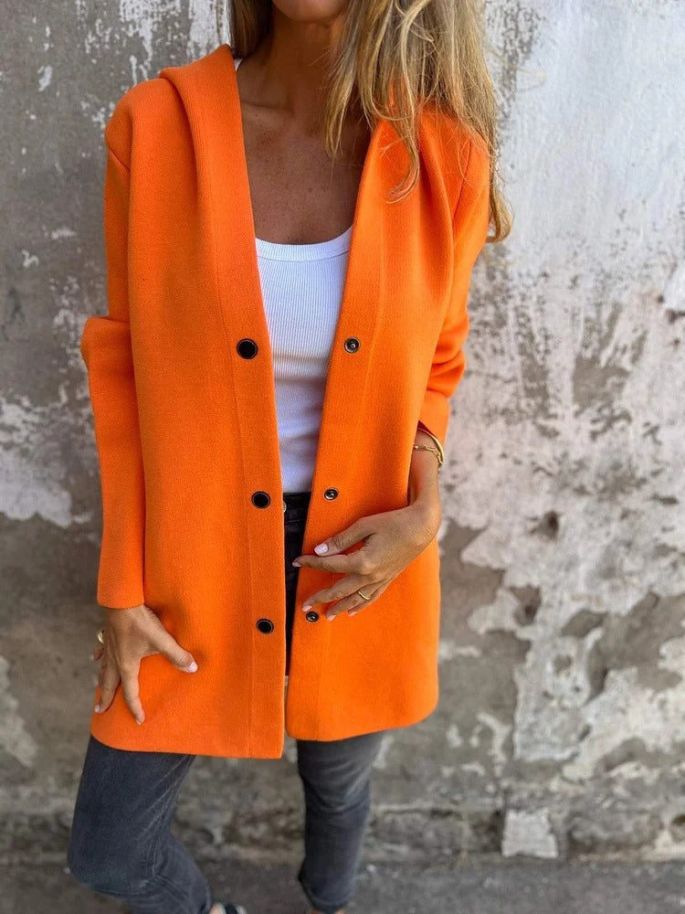 Women's hooded coat mid-length cotton blend with snap button placket and side pockets Mune Fashion