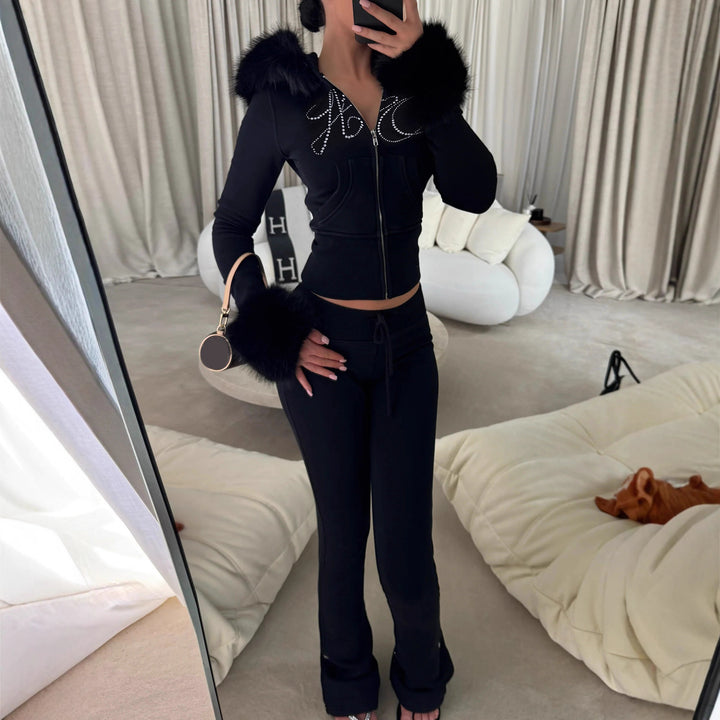 Women's short hooded jacket with faux fur trim and rhinestone decoration Mune Fashion