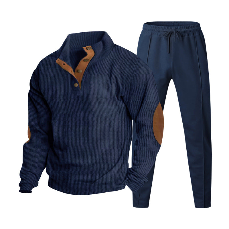 Men's ribbed Henley leisure suit with decorative button placket and suede elbow patches tapered joggers Mune Fashion