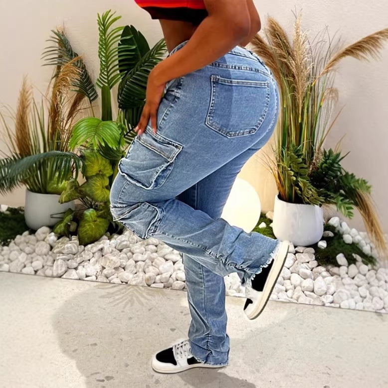 Ladies Cargo Denim Jeans with High Waist, Slim Fit Hips and Patch Utility Pockets Mune Fashion