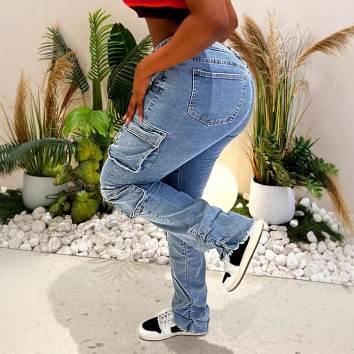 Ladies Cargo Denim Jeans with High Waist, Slim Fit Hips and Patch Utility Pockets Mune Fashion
