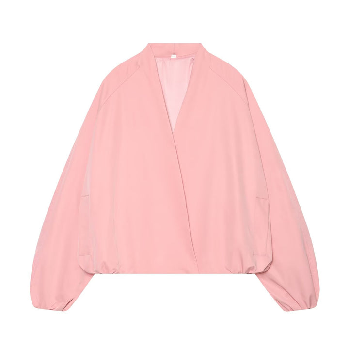 Women's Lightweight Cropped Bomber Jacket in Boxy Cut with Open Kimono Closure Mune Fashion