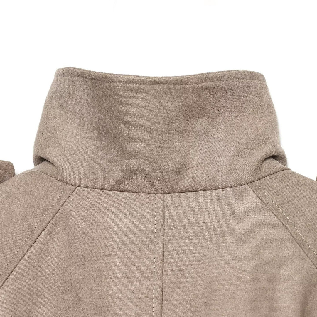 Women's Cropped Cape Trench Coat in Velvet Look with High Standing Collar, Epaulettes, and Double-Breasted Button Placket Mune Fashion