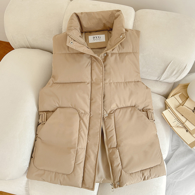 Women Padded Quilted Vest with Stand-Up Collar and Adjustable Side Straps Mune Fashion