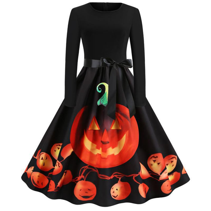 Women's Swing Dress with Halloween Pumpkin Motif, Long Sleeve and Waist Bow Mune Fashion