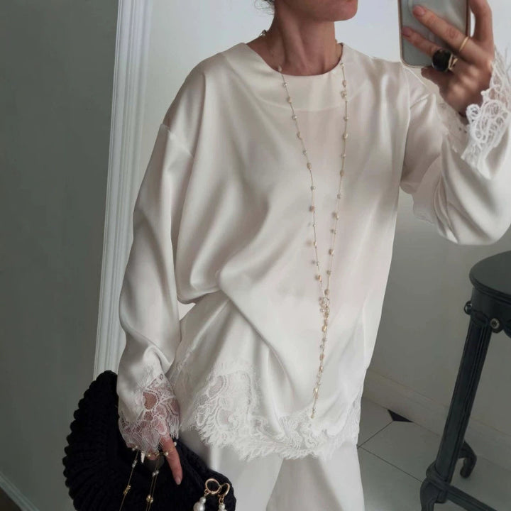 Women Silk Long Sleeve Shirt with Lace Trim at Hem and Cuffs Mune Fashion