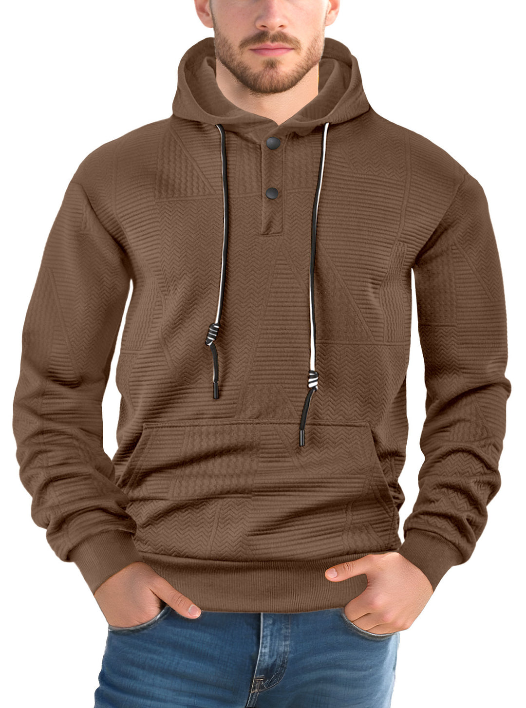 Men's Textured Hoodie with Quilted Patch Structure and Snap Button Placket Mune Fashion