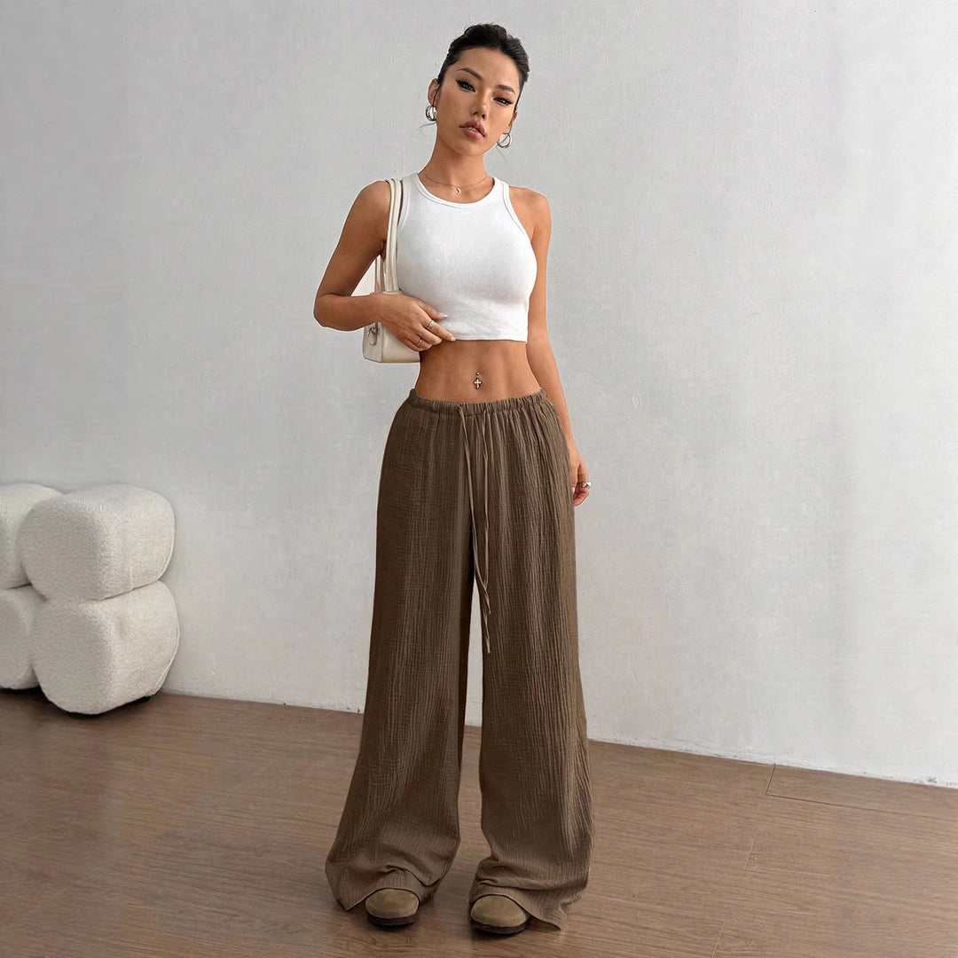 Women Lightweight Linen Look Pants with Wide Leg, Elastic Waistband and Drawstring Mune Fashion