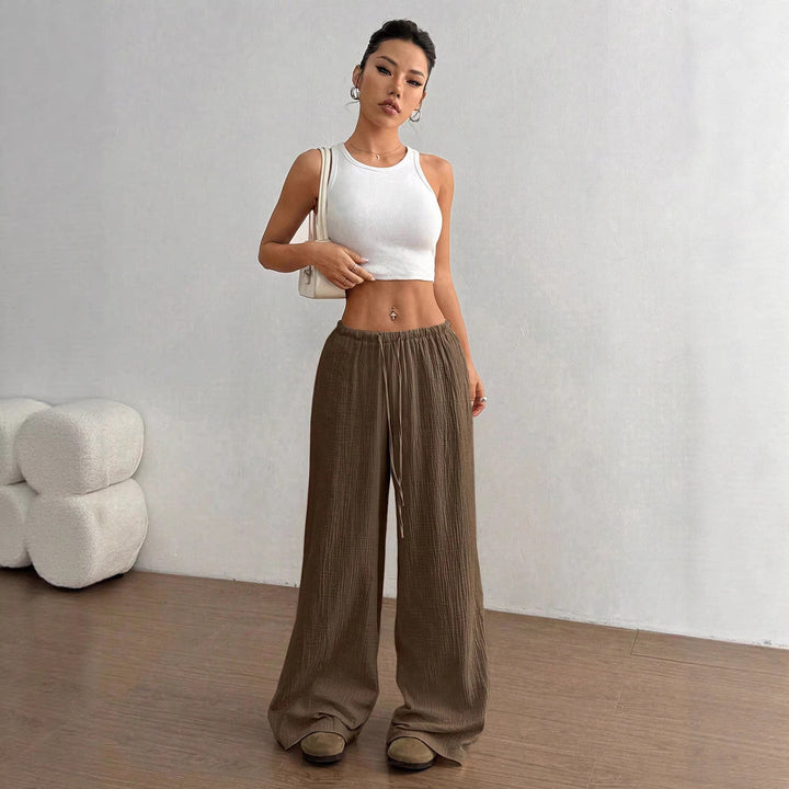 Women Lightweight Linen Look Pants with Wide Leg, Elastic Waistband and Drawstring Mune Fashion