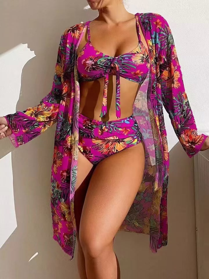 Ladies Bikini Set with Floral Patterns and Airy Kimono Jacket Mune Fashion