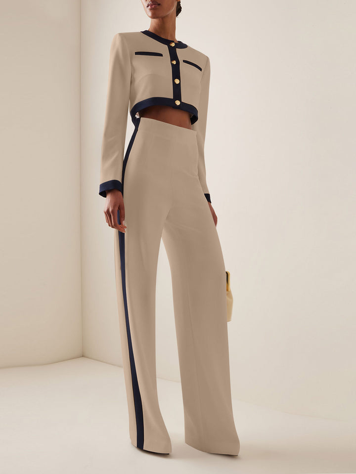 Women's Short Cropped Tailoring Set with Contrast Piping and High-Waist Palazzo Pants Mune Fashion