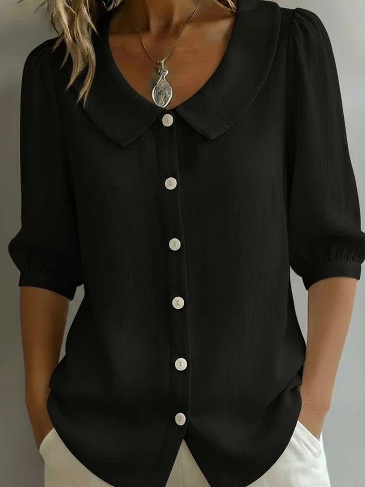 Ladies Elegant Blouse with Large Collar and Button Placket Mune Fashion