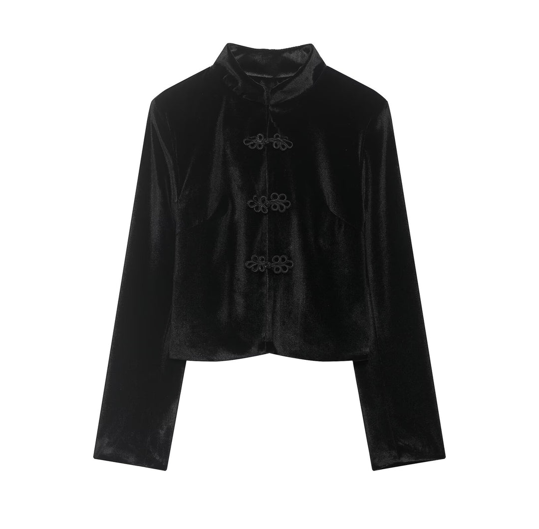 Women Short Blazer Jacket with Standing Collar and Knot Closures Mune Fashion