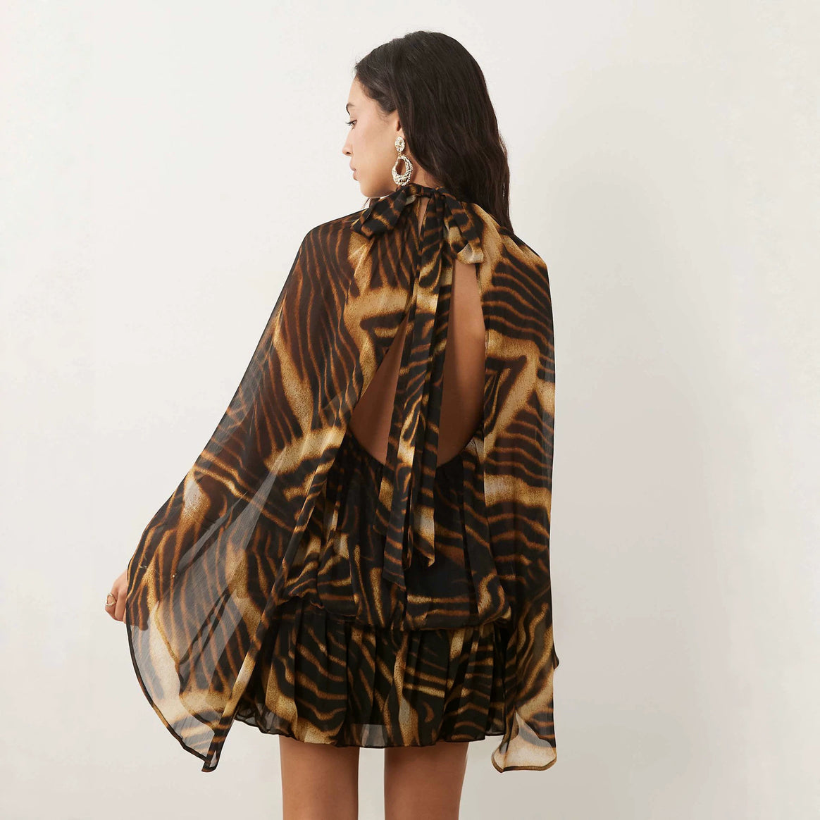 Women's chiffon mini dress with gathered blouse tunic, stand-up collar, and flounce skirt Mune Fashion