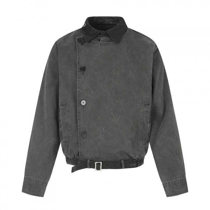 Men's short-cut bomber blouson jacket in vintage canvas with leather collar and waist belt Mune Fashion