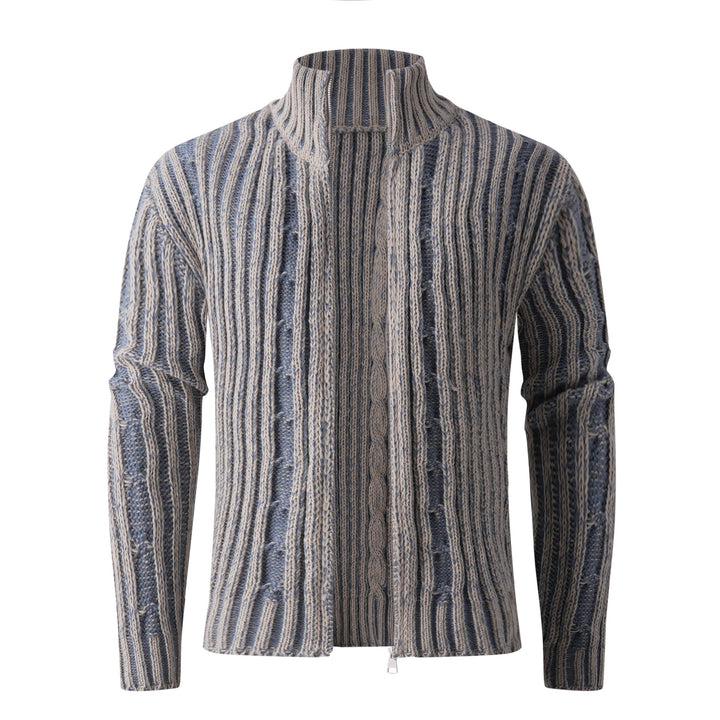 Men's knit cardigan with cable pattern, stand-up collar and full-length zipper Mune Fashion