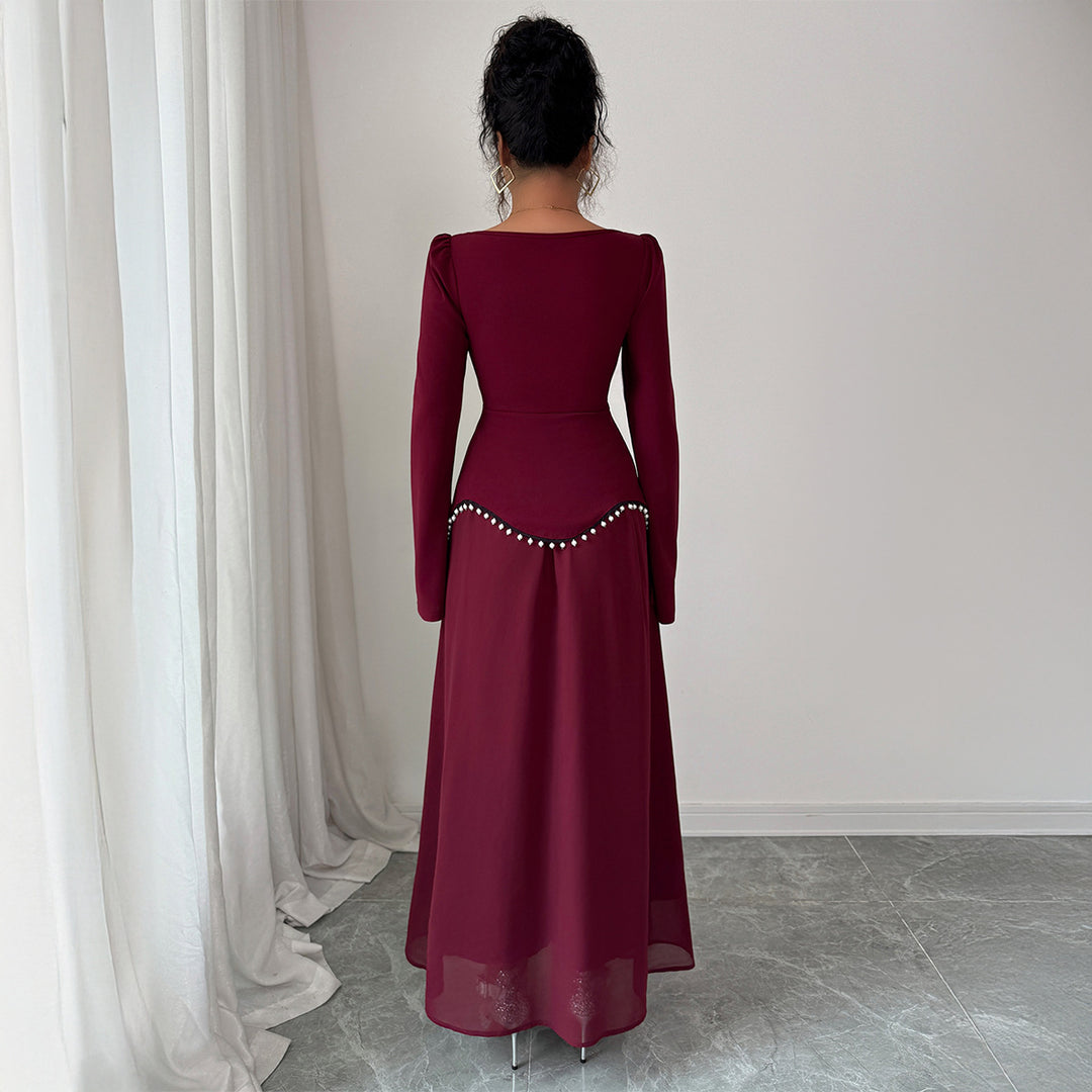 Ladies' elegant maxi dress with square neckline, fitted peplum yoke, and pearl trim Mune Fashion