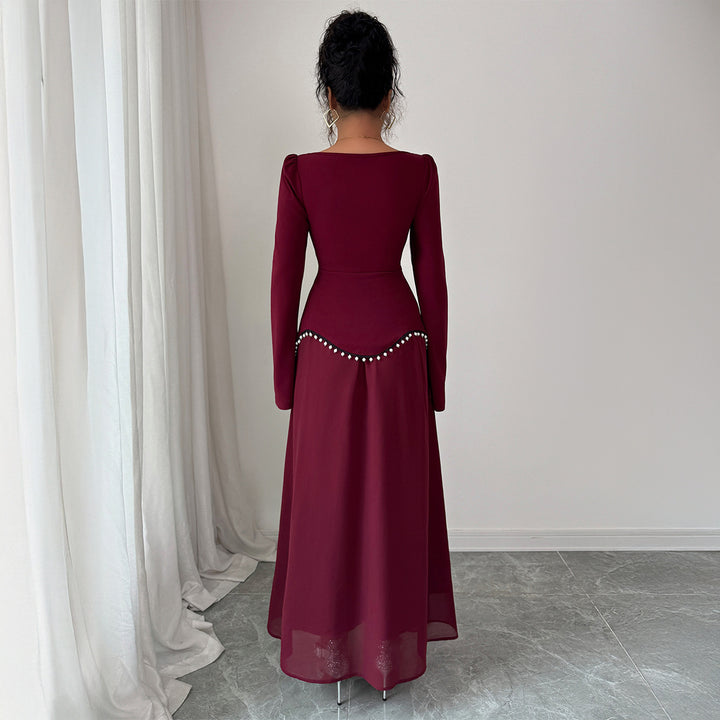Ladies' elegant maxi dress with square neckline, fitted peplum yoke, and pearl trim Mune Fashion