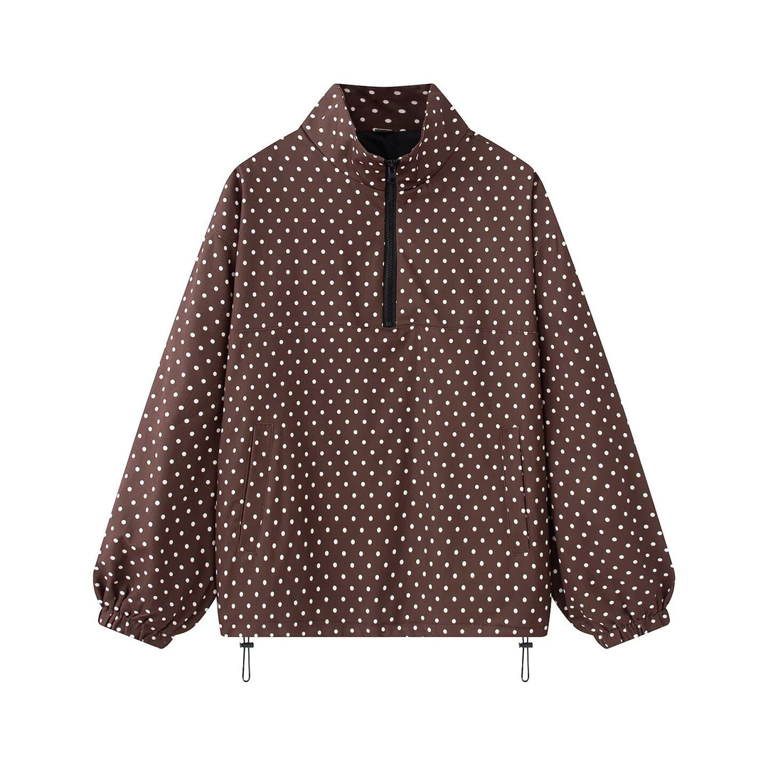 Women's Polka Dot Light Anorak with Half Zip, Kangaroo Pocket and Drawstring Mune Fashion