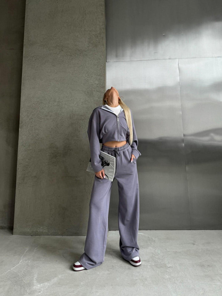 Women's two-piece cropped hoodie set with wide waistband pants cut and fitted zip Mune Fashion
