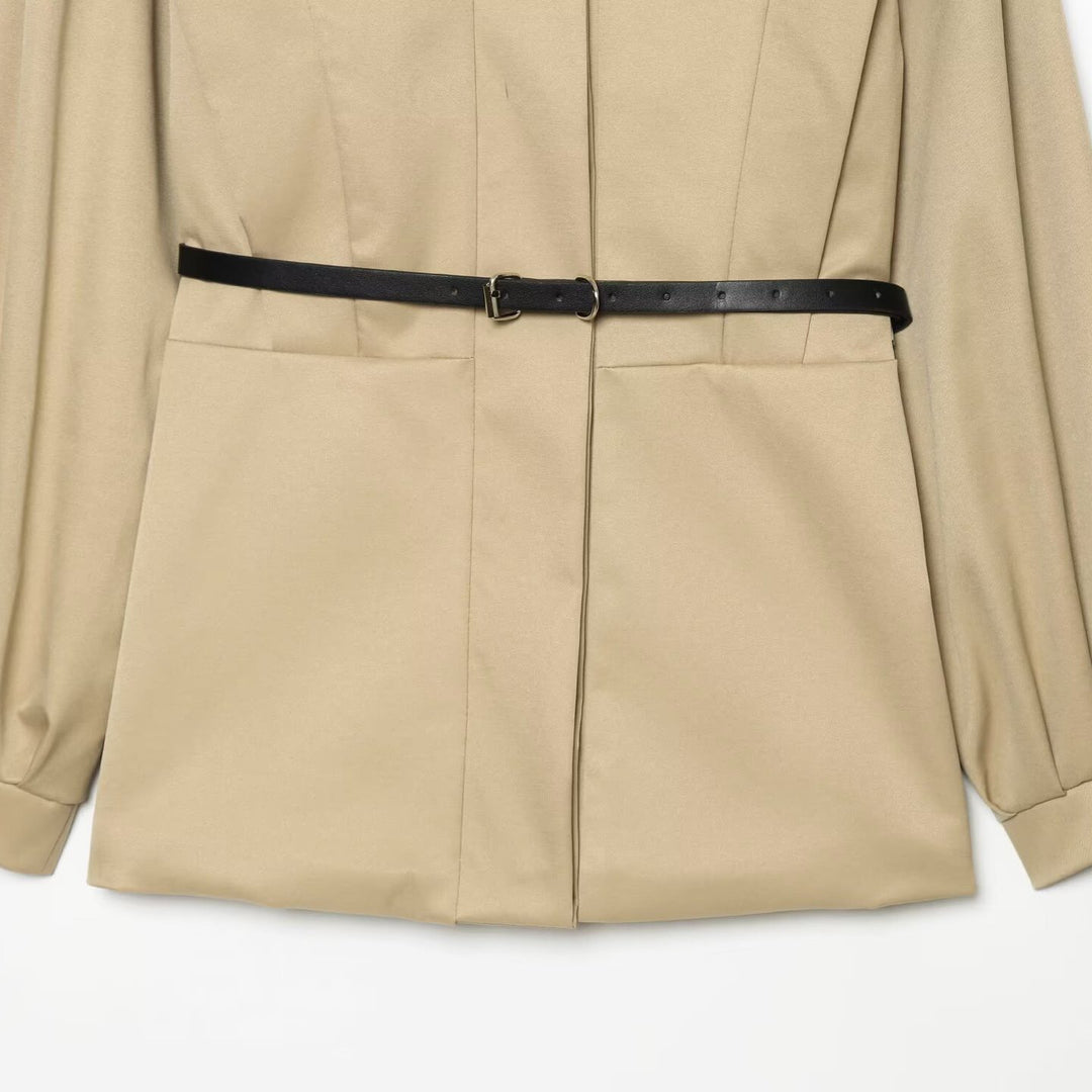 Women Short Cape Trench with High Funnel Collar and Waist Belt Mune Fashion